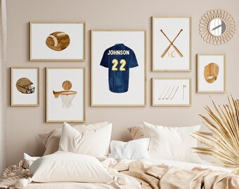 Personalized Watercolor Sports Gallery Wall Art, Jersey Basketball Football Baseball Golf Decor, Nursery Sports Print Set, Sports Lover Gift