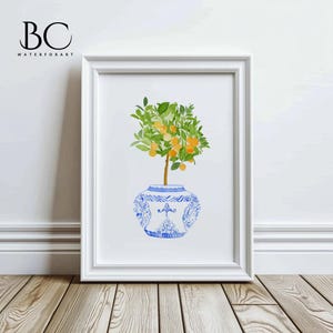 May include: A watercolor painting of a small orange tree in a blue and white ceramic pot. The tree has green leaves and small orange fruits. The pot has a decorative design.