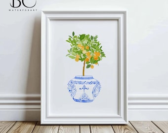 Watercolor orange tree art print, pottery ginger jar Print, Citrus Tree in a vase, cooking gift, Nature wall art, Botanical print