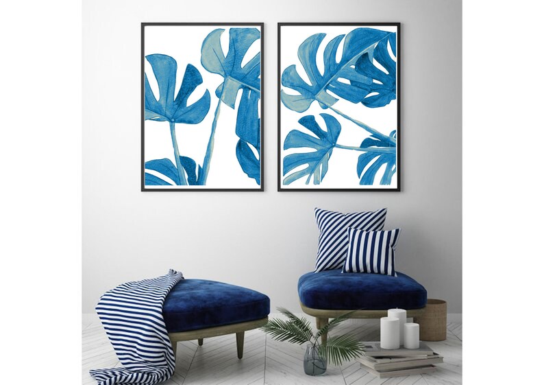 Watercolor Blue Monstera Print Set of 2, Botanical Print, Tropical Leaves Wall Art, Green Leaves print, large Leaf Print, Plant Artwork image 2