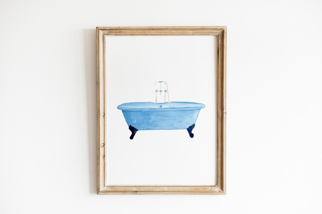 Watercolor Vintage Bathroom Art Print, Blue Bathtub Art Print, Bathroom