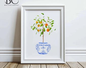 Impresión en acuarela naranja y chinoiserie, arte de porcelana azul y blanca, arte de acuarela naranja, árbol de cítricos en chinoiserie, arte mural naranja