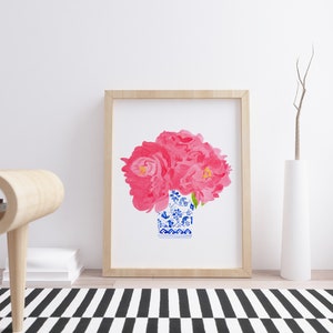 Coastal Blues Watercolor porcelain print, Watercolor pink Peonies Chinoiserie Vases, Blue and White porcelain, Pink floral watercolor image 2