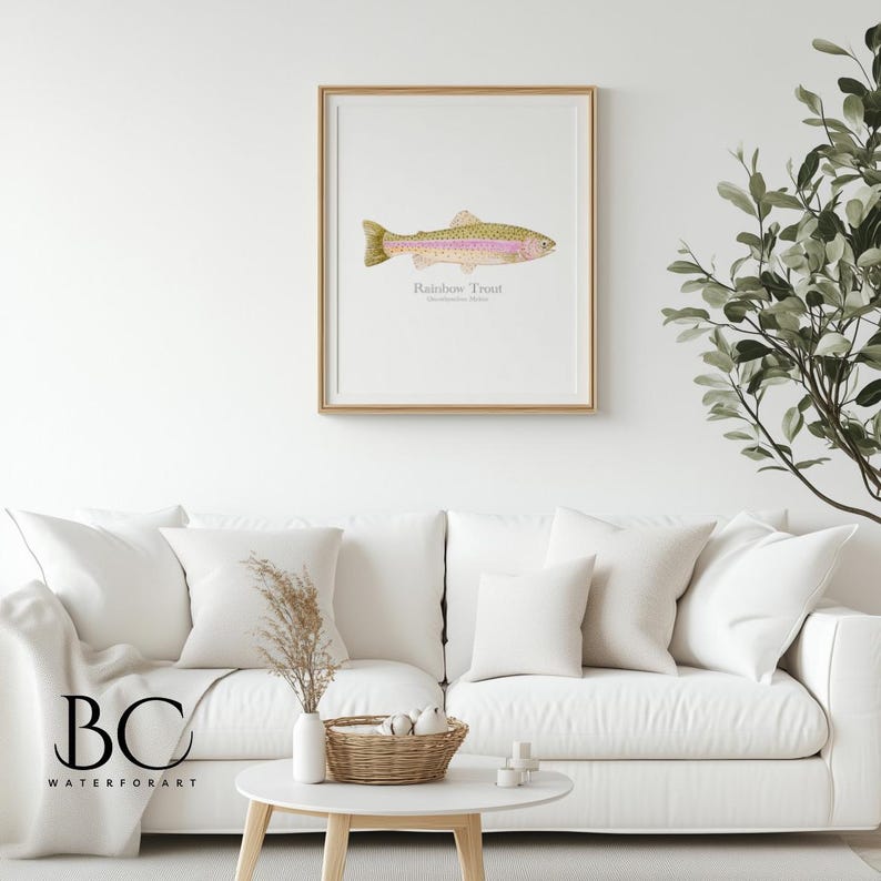 May include: A framed print of a watercolor illustration of a rainbow trout fish. The print is on a white background with the text "Rainbow Trout" and "Oncorhynchus mykiss" written below the fish.