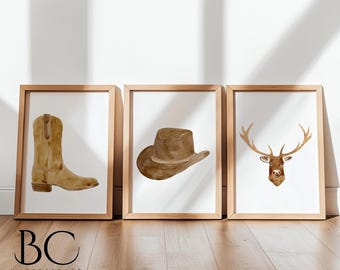 Watercolor Western Cowboy Lifestyle Decor, Texas Gallery Wall Art Print Set of 3, Western Wall Art, Country, Farm, Lake House, Western Gift