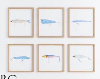 Fishing Lures Set of 6 Prints, Fishing art, watercolor fishing lures, lure art set, Fish Decor, Fishing Art Print Set, Fish Prints