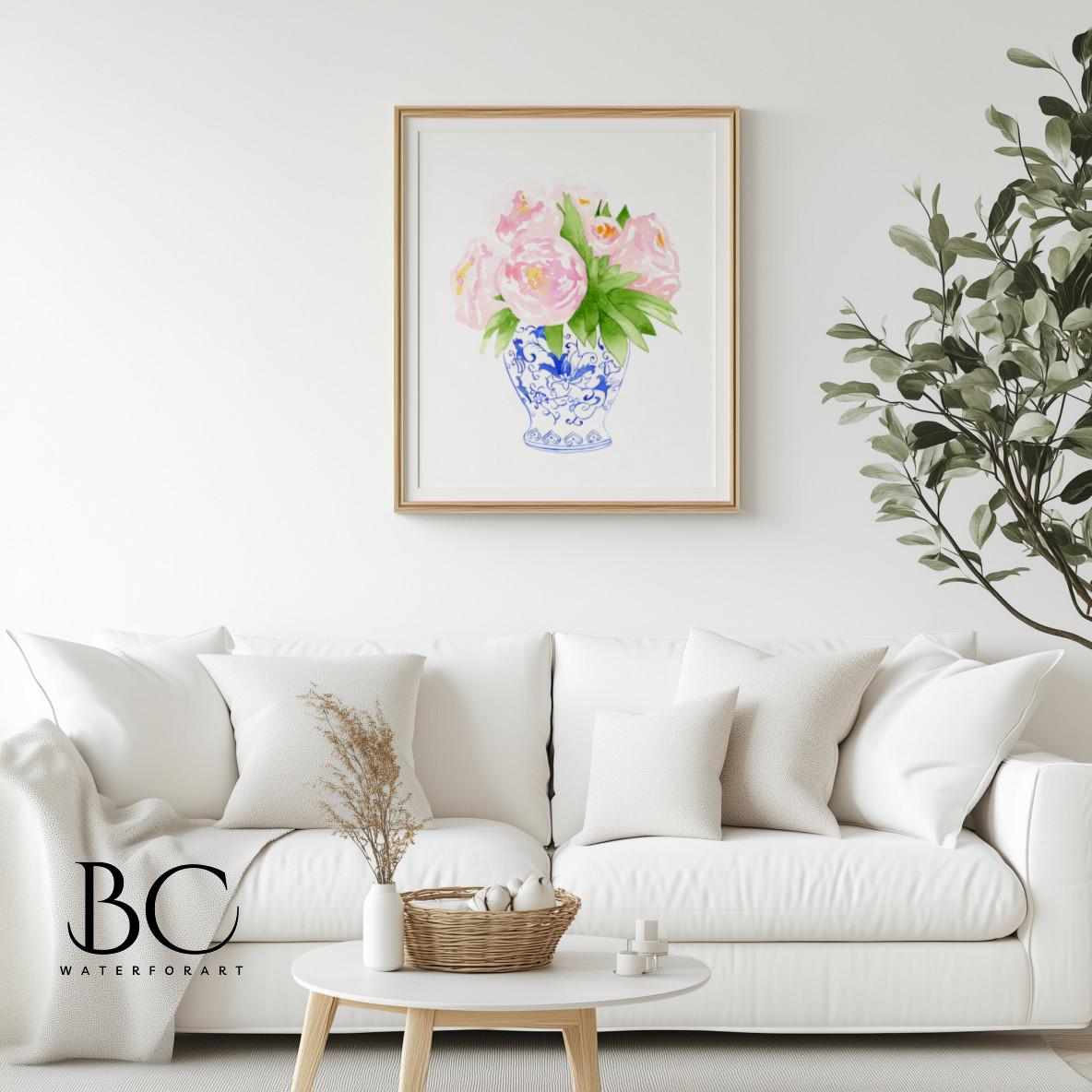 Set of 3 Coastal Blue Watercolor Peony in Porcelain Art Print, Blue ...