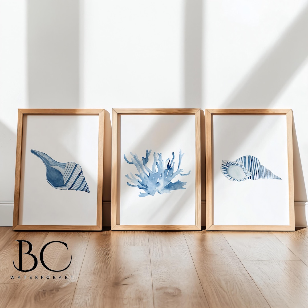 Coastal Wall Art Print Set of 3, Blue Seashell and Coral Watercolor Art ...
