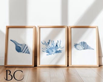 Coastal wall art print set of 3, Blue seashell and coral watercolor art, Beach bathroom decor, Coastal Nursery Art, Ocean wall art set