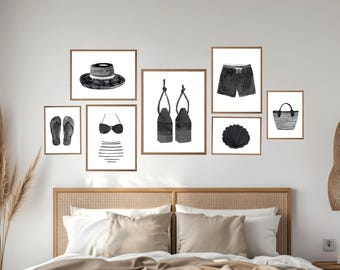 Black & White Watercolor Beach Print Set, Vintage Swimwear Art, Beach House Lake House Art Decor, Gallery Wall, Beach Lover Gift
