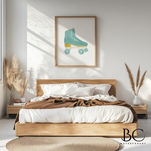 May include: A framed print featuring a teal roller skate with yellow accents. The artwork is displayed above a wooden bed with white bedding and a brown blanket. The room is decorated with pampas grass and a round rug.