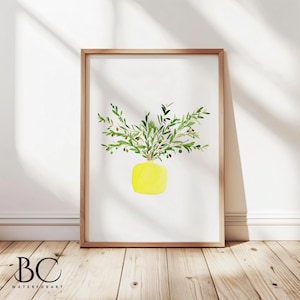 Watercolor Olive Branch print, Olive tree print, Kitchen Wall Decor, Olive Art Print, Olive watercolor decor, olive in yellow vase