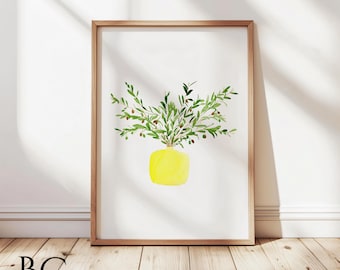 Watercolor Olive Branch Print: Kitchen Wall Art, Yellow Vase