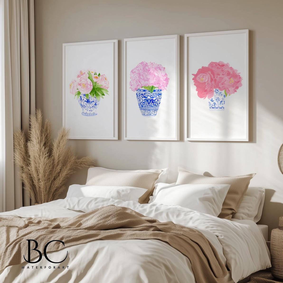 Set of 3 Coastal Blue Watercolor Peony in Porcelain Art Print, Blue ...