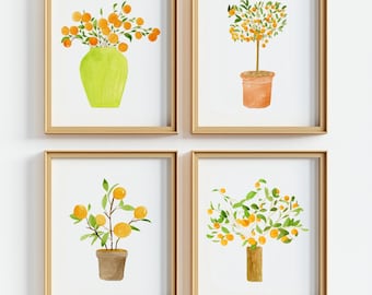 Watercolor Orange Tree Print Set: Citrus Kitchen Wall Art