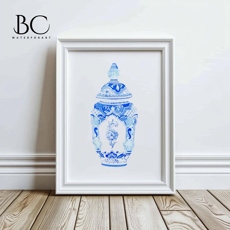 Set of 4 Blue & White Watercolor Chinoiserie Prints, Oriental Vase Art ...