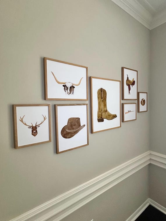 Watercolor Western Art Print Set: Cowboy Decor, Texas Longhorn, Ranch Style