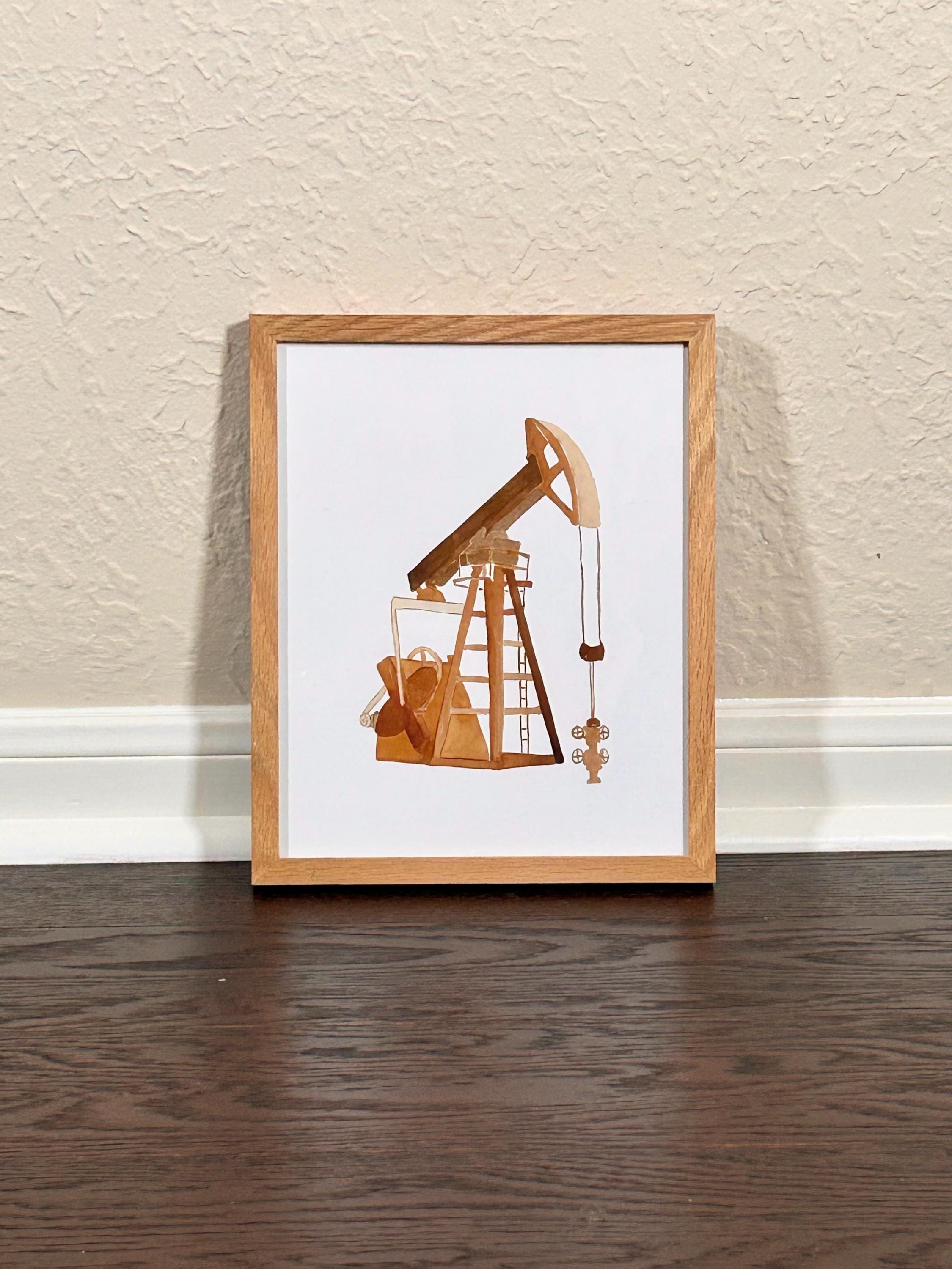 Framed Oil & Gas Gift Print, Vintage Pump Jack Art, Rustic Oil