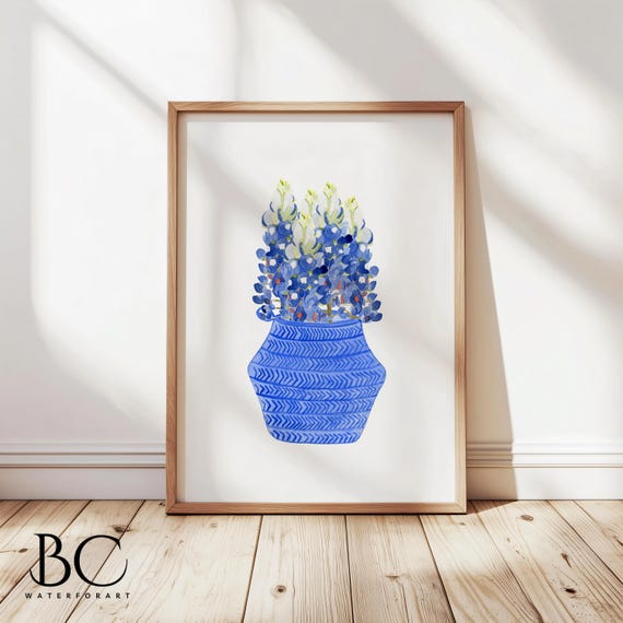 Watercolor bluebonnet painting art print, Texas Hill Country wildflower home wall decor, Country Living & Farmhouse decor, Flower Lover gift