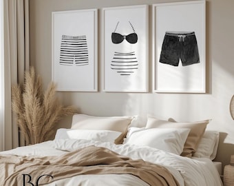 Set di stampe artistiche di costumi da bagno in stile vintage con acquerelli - Arte di costumi da bagno in bianco e nero, decorazioni per case sulla spiaggia o sul lago - Set di 3, regalo per gli amanti della spiaggia