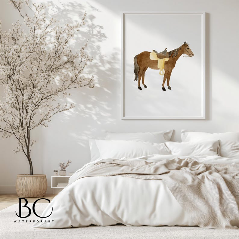 May include: A watercolor painting of a brown horse with a saddle and bridle. The horse is standing on a white background.