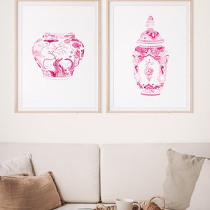 Hot Pink Watercolor Chinoiserie Print, Set of 2 Hot Pink Vases, Pink Watercolor Porcelain, Hot Pink Wall Art, Pink Wall Art Set, Pink Vases image 3