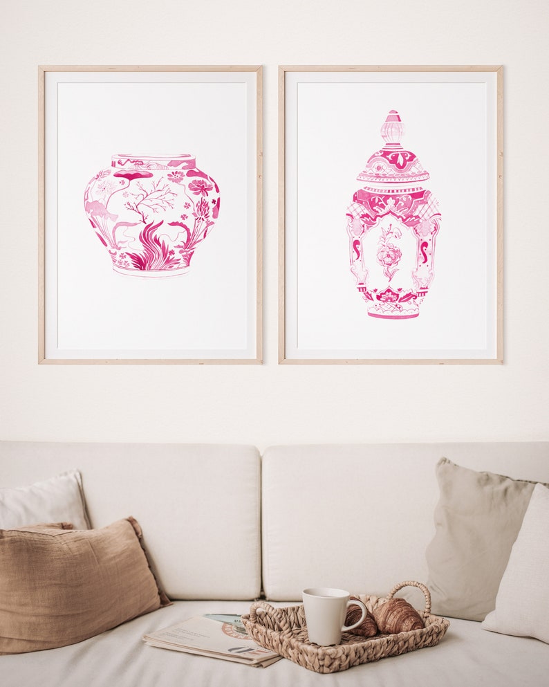 Hot Pink Watercolor Chinoiserie Print, Set of 2 Hot Pink Vases, Pink Watercolor Porcelain, Hot Pink Wall Art, Pink Wall Art Set, Pink Vases image 3