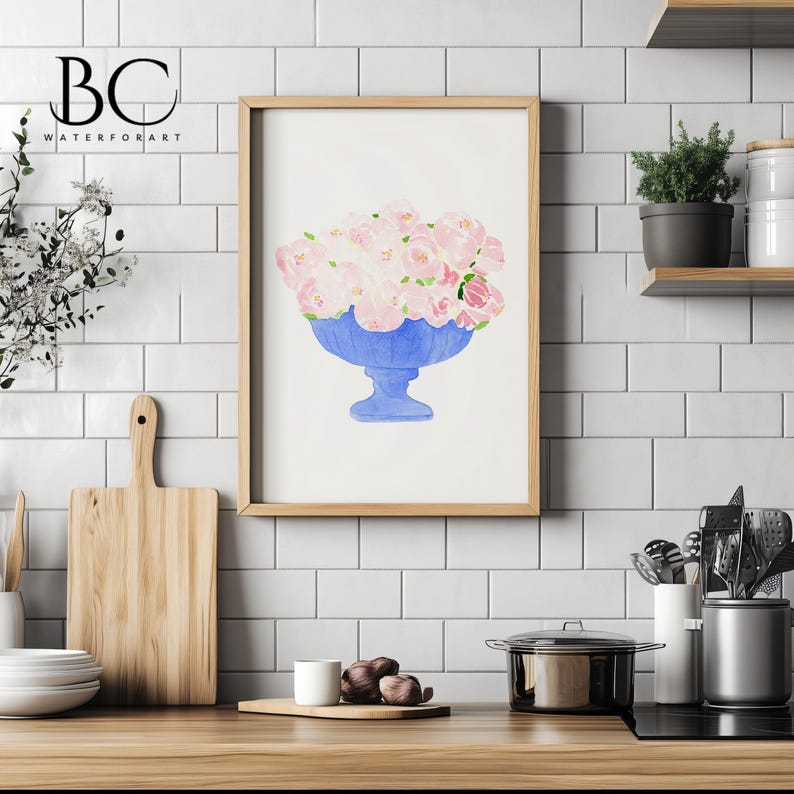 May include: A watercolour painting of a blue vase filled with pink flowers. The vase has a pedestal base and is sitting on a white background.