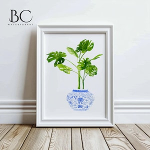 Aquarell Blau und Weiß Monstera Kunstdruck, Blaue Vase Druck, Pflanzer Kunstdruck, Aquarell Monstera Wandkunst, Botanische Wandkunst