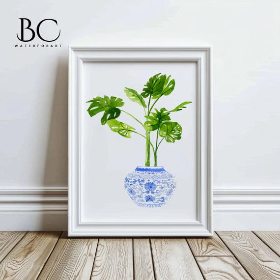 Watercolor Blue and White Monstera art Print, Blue Vase Print, Planter Art Print , Watercolor Monstera Wall Art , Botanical Wall Art