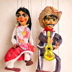 Vintage Mexican Marionette Puppet Pair | Hand-Painted Folk Art Decor