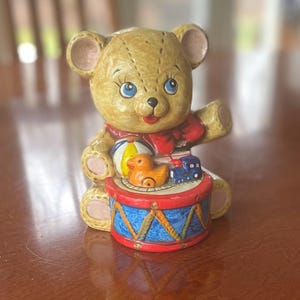 Vintage Bank Teddy Bear Bank Enesco 1981 Nursery Decor Toy Room Decor Bear with Drum and Toys