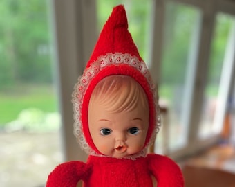 Vintage Rubber Face Baby Doll Bottle Red Pixie Snow Suit