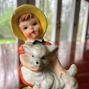 Vintage Music Box Figurine Musical Statue of Little Girl with Her Lamb Porcelain Rotating Made in Japan
