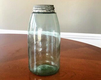 Antique Ball Jar,  1-1/2 Quart, Zinc Lid, Blue Ball Jar, Canning Jar, Blue Glass Vase, Jar with Lid