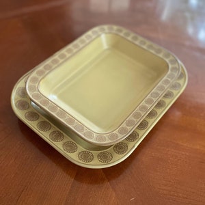 Può includere: Due piatti da portata in ceramica, uno incastrato nell'altro. Entrambi i piatti sono di colore giallo pallido con un motivo floreale marrone attorno al bordo.