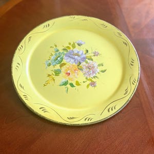 Vintage Nacho Products Floral Tole Tray Yellow Metal Hand Painted USA Large 20 Inch - Unique!
