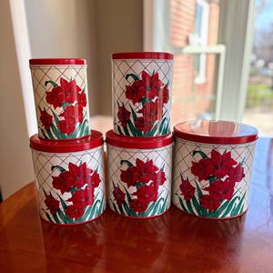 Vintage Red Floral Tin Canister Set - Possible NC Colorware - Nesting Metal Kitchen Storage Set of 5