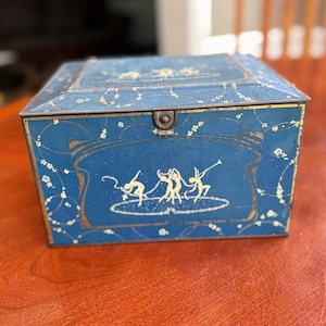 Antique Dancing Nymph Tin Box – Globe Soap Co. Decorative Blue and Gold – Vintage Cincinnati Soap Company Collectible