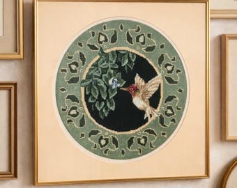 Vintage Hummingbird Needlepoint Framed Art | Botanical Needlework Wall Decor | Cottagecore Embroidery | Handmade Bird Wall Hanging
