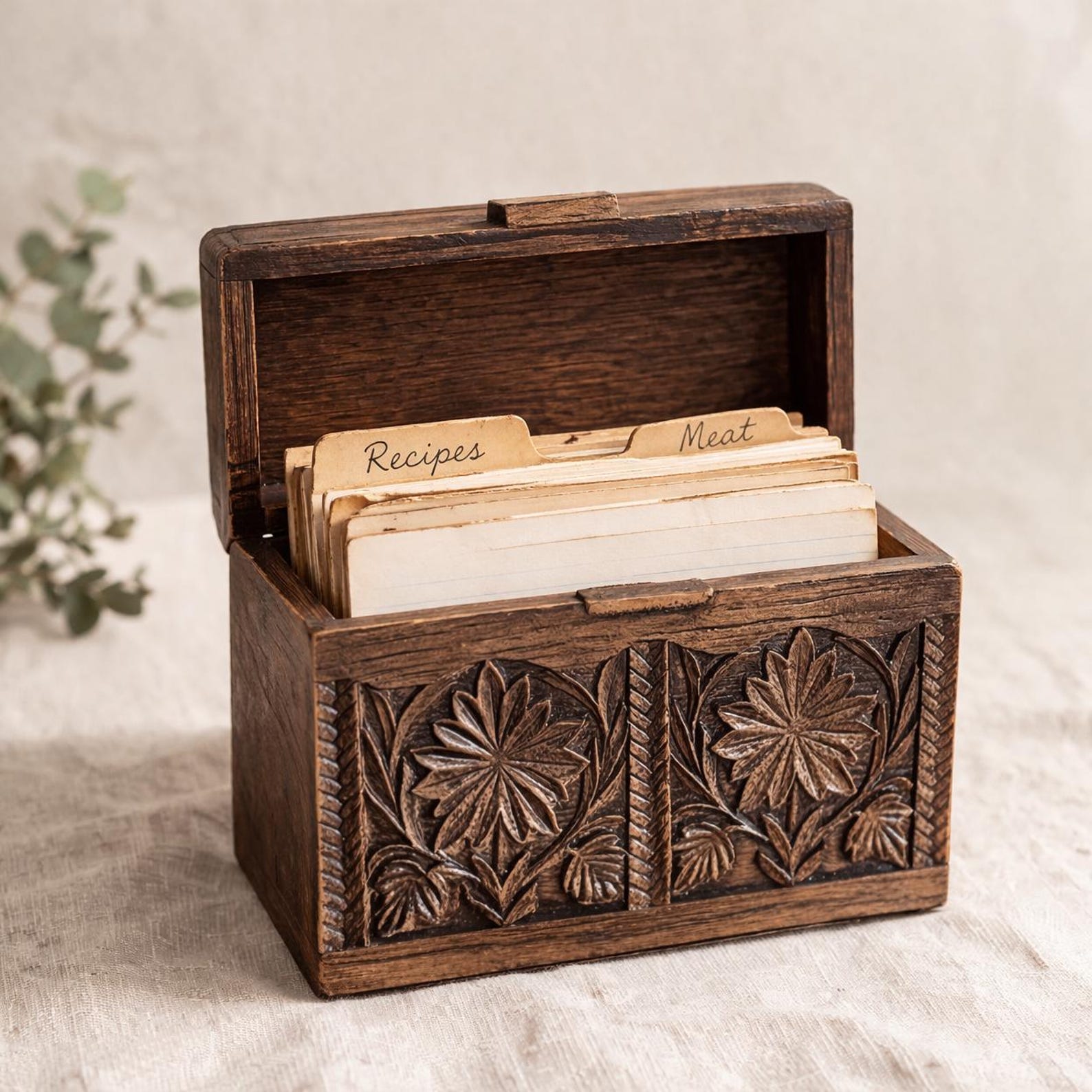 Vintage Lerner Faux Wood Recipe Box Floral Kitchen Storage Rustic Farmhouse Decor Plastic Box (No Recipes Included)
