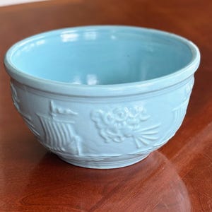 Vintage Robinson Ransbottom Zephyrus Mixing Bowl  Blue Embossed Nautical Pottery RRP Co. Roseville, OH