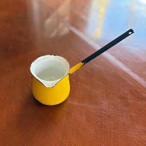 Vintage Yellow Enamel Turkish Coffee Pot | Small Enamelware Saucepan | Retro Kitchen Decor