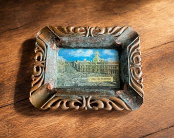 Vintage Madrid Spain Souvenir Ashtray, Ornate Faux Bronze Metal, Plaza de Cibeles, Spanish Travel Collectible, Mid Century Decor