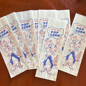 Vintage Texas-Size Popcorn Bags – Lot of 12 – Cowboy Western Graphics – Nostalgic Snack Bar Paper Bags