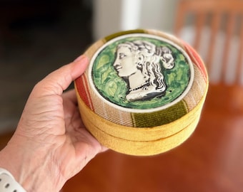 Vintage Italian Velvet Jewelry Box: Trinket Box Ceramic Cameo Portrait, Mid-Century Vanity Decor