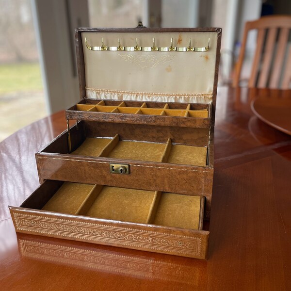 Vintage Jewelry Box, Mele Three Tiered, Brown Exterior with Gold Tooled Leatherette, Gold Interior, Mele Box Keys Included