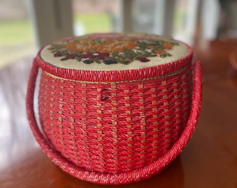 Vintage Sewing Box, Seamstress Gift, Round Basket, Red Basket with Floral Tapestry Lid, Round Sewing Basket