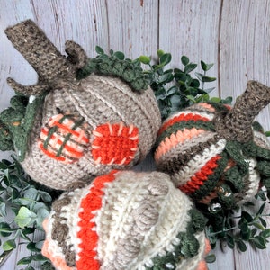 Patchwork-pompoenen in 2 maten haakpatroon, gehaakt pompoenpatroon met bladeren en wijnstokken, decoratief garen-pompoenpatroon