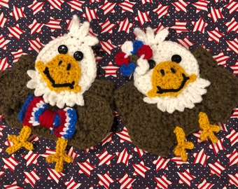 Crochet Pattern Only - Little Miss & Mister Bald Eagle Crochet Coffee Cup Cozy / Fourth of July crochet / Independence Day Crochet Cozy
